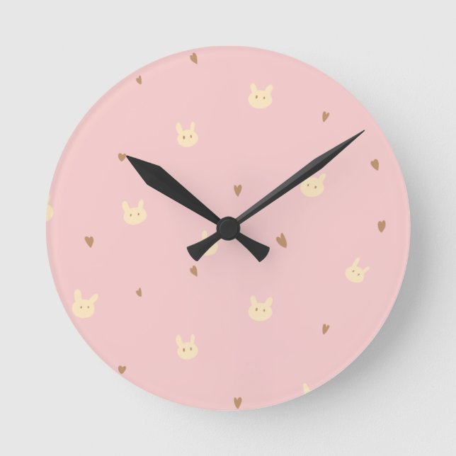 Sweet Bunny & Hearts Seamless Pattern – Cute Pink  Runde Wanduhr (Vorderseite)