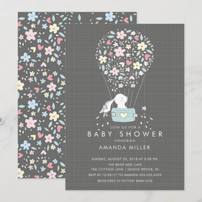 Sweet Bunny Hot Air Ballon Baby Dusche Einladung (Vorne/Hinten)