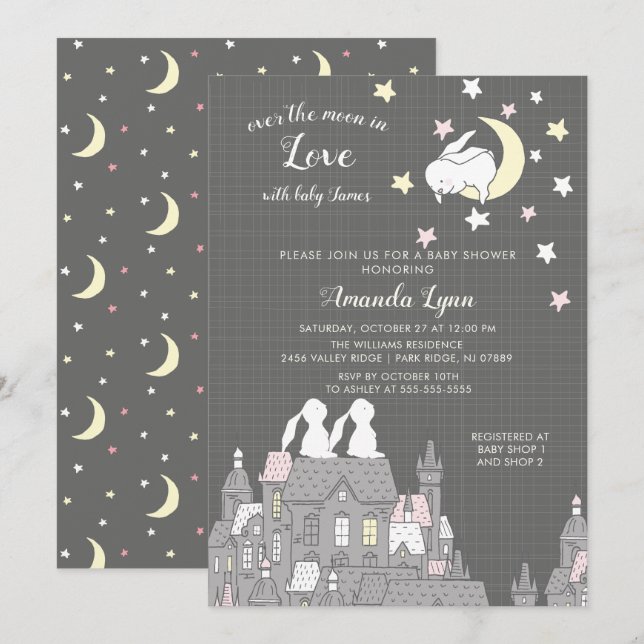 Sweet Bunny Liebe Moon Kinderdusche Einladung (Vorne/Hinten)