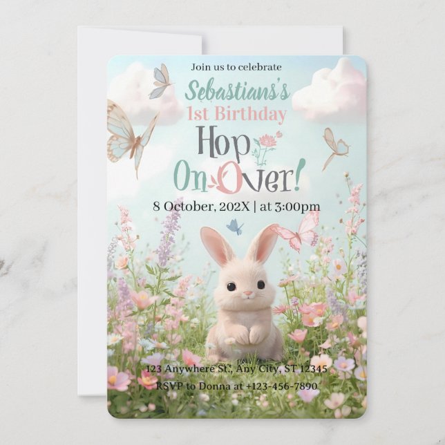 Sweet Bunny Meadow Birthday Einladung - Whimsical (Vorderseite)