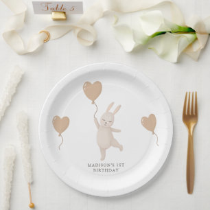 Sweet Bunny mit Heart Balloon Erster Geburtstag Pappteller