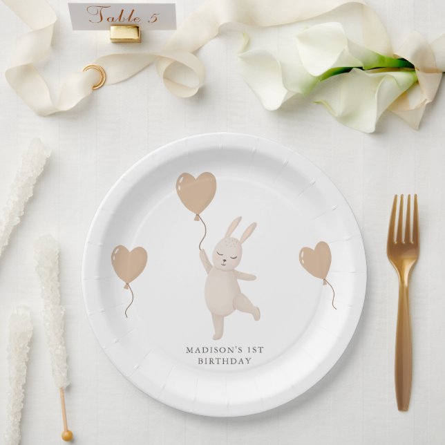 Sweet Bunny mit Heart Balloon Erster Geburtstag Pappteller (Hochzeit)