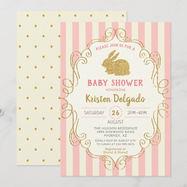 Sweet Bunny Pink Gold Glitzer Kinderdusche Einladung (Vorne/Hinten)