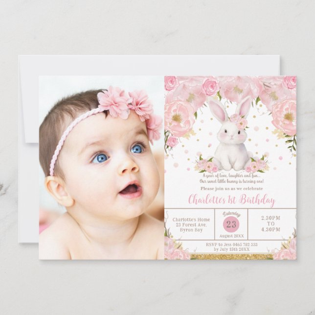Sweet Bunny Rabbit Pink 1st 2nd 3rd Birthday Photo Einladung (Vorderseite)