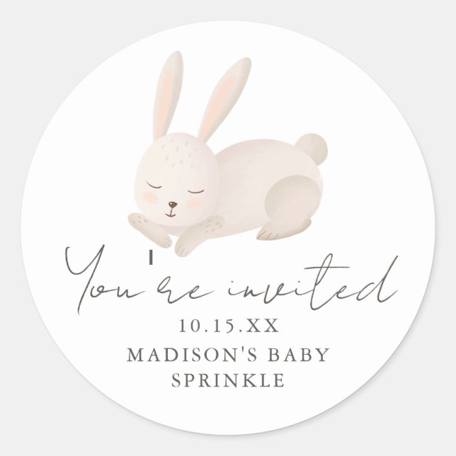 Sweet Bunny Sie sind eingeladen Script Baby Sprink Runder Aufkleber (Vorderseite)