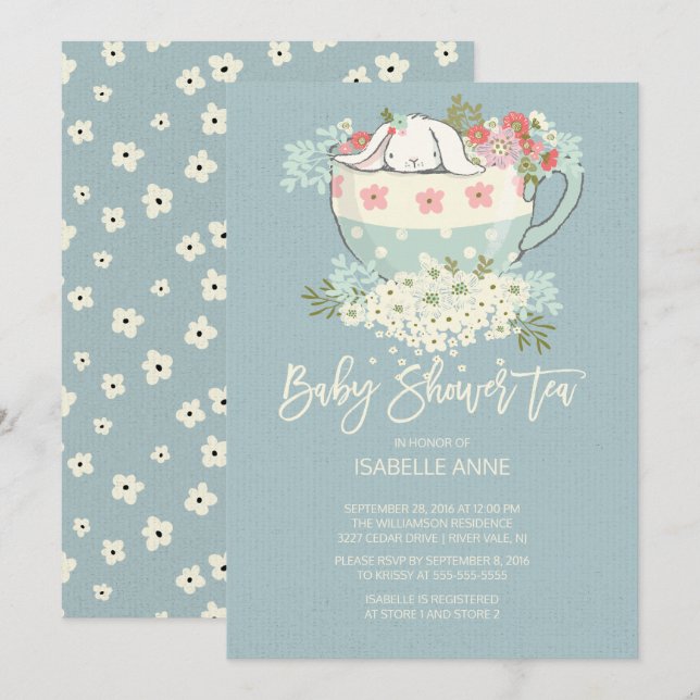 Sweet Bunny Tea Cup Blue Baby Dusche Einladungen (Vorne/Hinten)