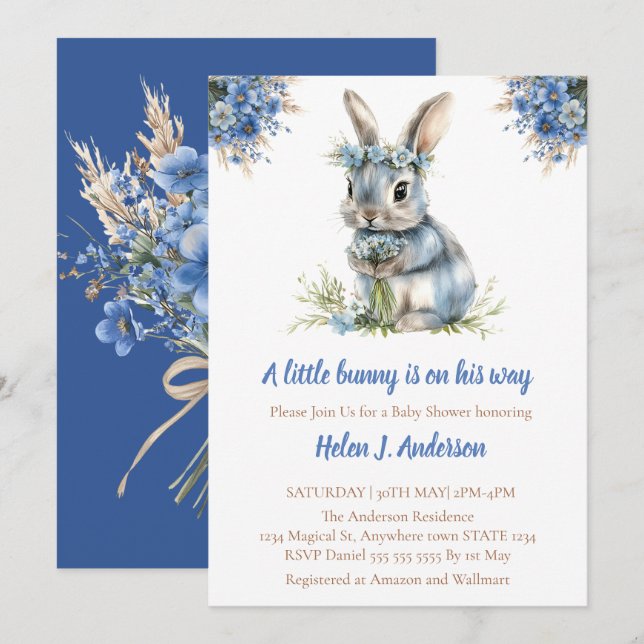Sweet Bunny Watercolor Blume Babydusche Einladung (Vorne/Hinten)