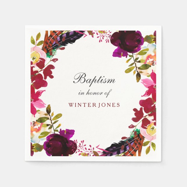 Sweet Burgundy Lila Blumenschurke Taufe Serviette (Vorderseite)
