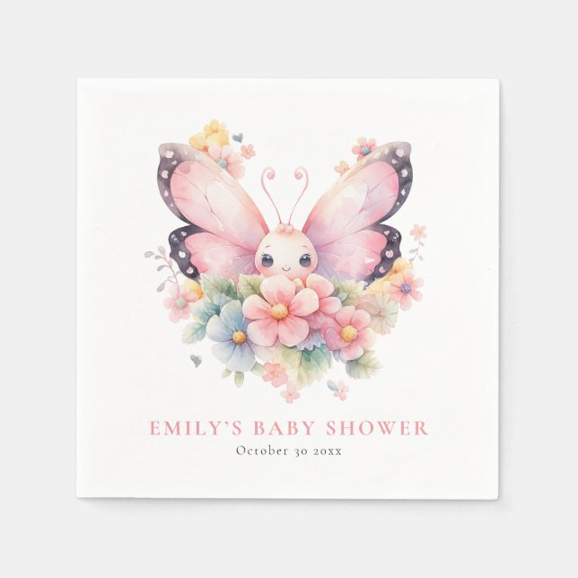 Sweet Butterfly und Florals Pink Baby Dusche Serviette (Vorderseite)