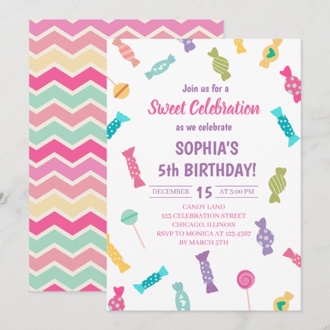 Sweet Candies Birthday Party Einladung (Vorne/Hinten)