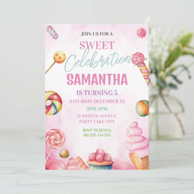 Sweet Candy Birthday Girl Einladung (Stehend Vorderseite)