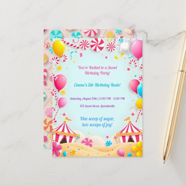 Sweet Candy Carnival Annival Fête Invitation (Devant/Arrière en situation)