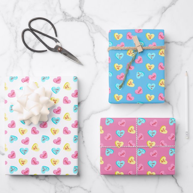 Sweet Candy Hearts Valentinstag Geschenkpapier Set (Vorderseite)