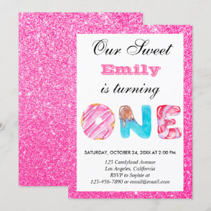 Sweet Candy Hot Pink Glitzer Erster Geburtstag Einladung