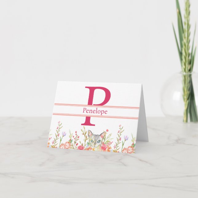 Sweet Cat and Blume Border Personal Stationery Karte (Vorderseite)