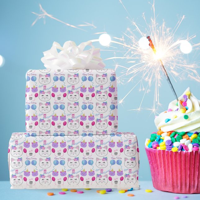 Sweet Cat Faces Happy Birthday Celebration Geschenkpapier (Von Creator hochgeladen)