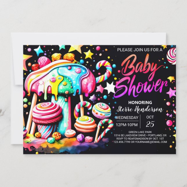 Sweet Celebration Candyland Baby Dusche Einladung (Vorderseite)