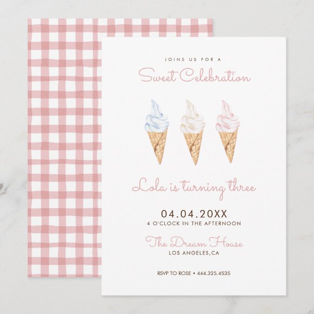 Sweet Celebration Ice Creme Pink Geburtstag Einladung (Vorne/Hinten)