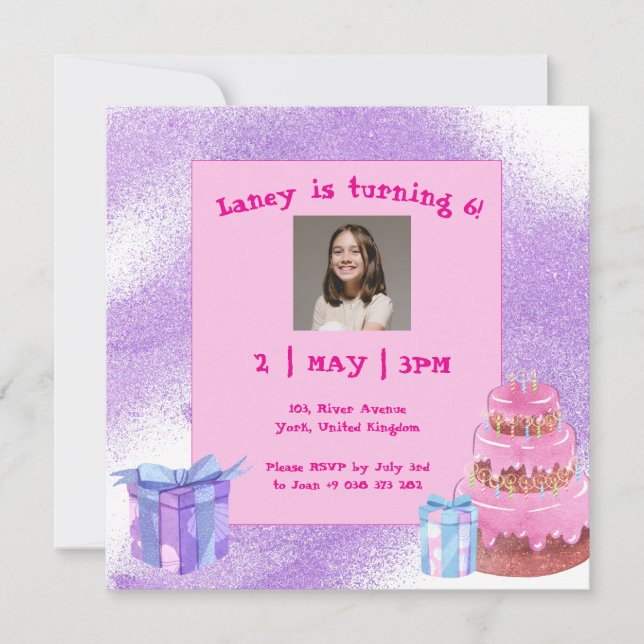 Sweet Celebration: Lila Pink zum Geburtstag Einlad Einladung (Vorderseite)