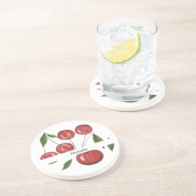 Sweet Cherries Aquarellbilder Mit Monogramm Getränkeuntersetzer (Seite)