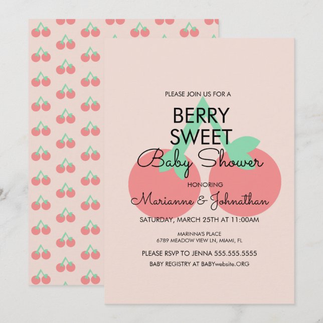 Sweet Cherries Fruit Pink Baby Dusche Einladung (Vorne/Hinten)