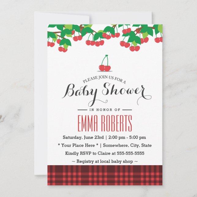 Sweet Cherries Picnic Gingham Baby Shower Einladung (Vorderseite)