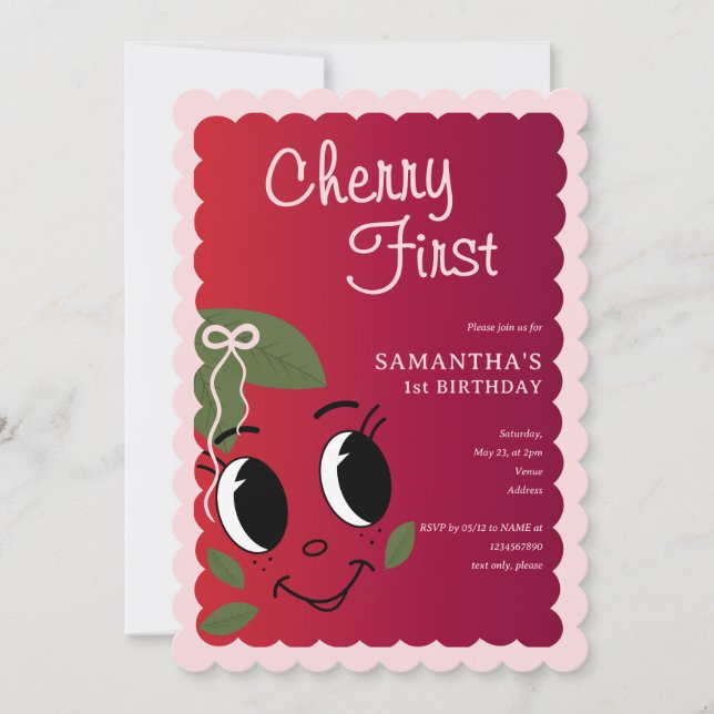 Sweet Cherry First Girl Niedlicher Cartoon 1. Gebu Einladung (Vorderseite)