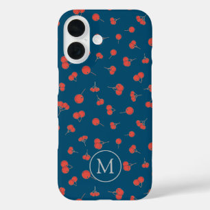 Sweet Cherry Muster auf dunkelblauem Monogramm iPhone 16 Hülle
