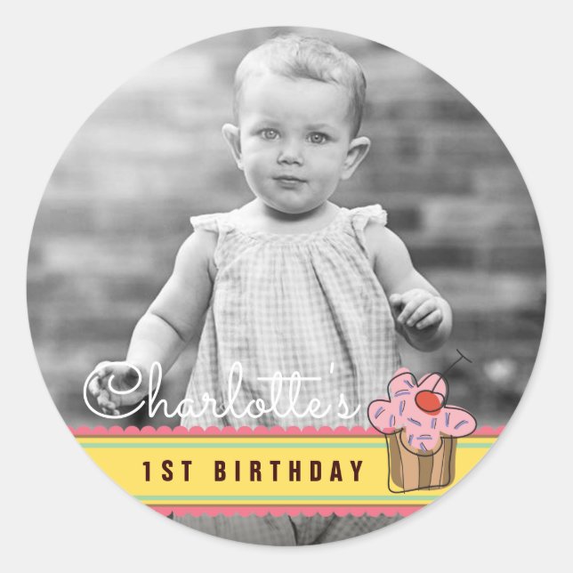 Sweet Cherry Pink Cupcake Birthday Foto Sticker (Vorderseite)