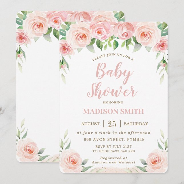 Sweet Chic Blush Pink Blumengrün Babydusche Einladung (Vorne/Hinten)