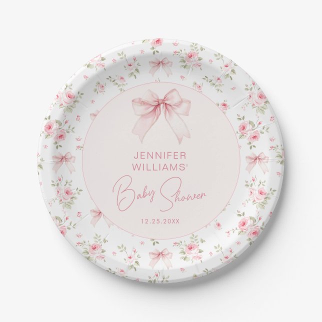 Sweet Chic Pink Floral Bow Baby Girl Dusche Pappteller (Vorderseite)