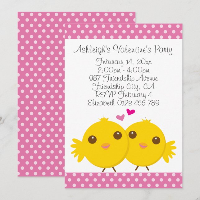 Sweet Chicks in Liebe Pink Kids Valentines Party Einladung (Vorne/Hinten)