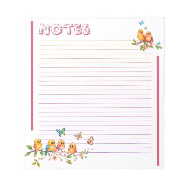 Sweet Chirpy Yellow Birds & Butterflies Lined Notizblock (Vorderseite)