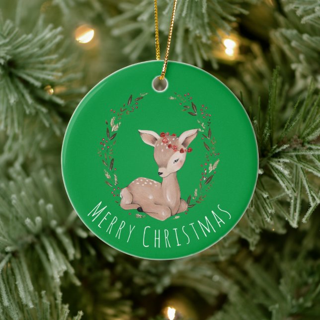 Sweet Christmas Fawn Wreath Keramik Ornament (Baum)