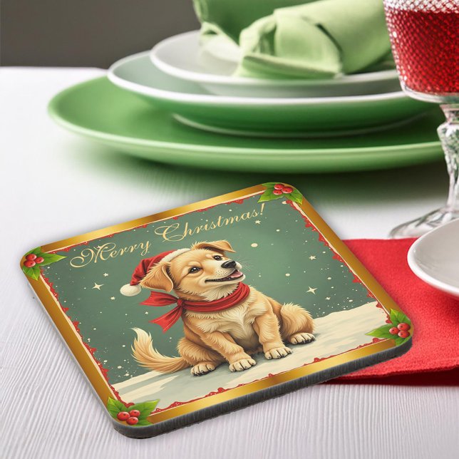 Sweet Christmas Golden Puppy  Getränkeuntersetzer (Sweet Christmas Golden Puppy Beverage Coaster by the Olde Christmas Shoppe)