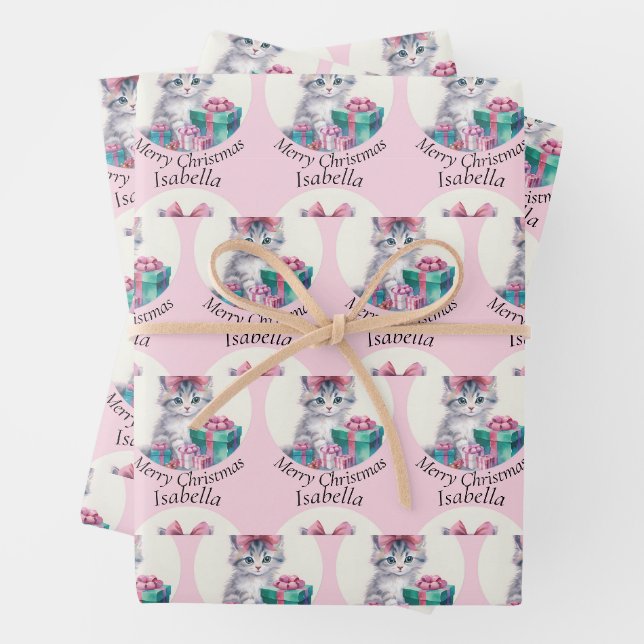 Sweet Christmas Kitten Big Pink Bow Add Name Geschenkpapier Set (Beispiel)