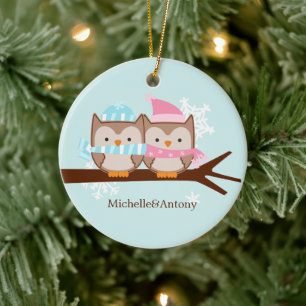 Sweet Christmas Owls Couple Newlywed Christmas Keramik Ornament