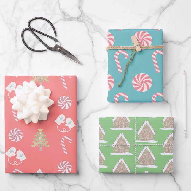 Sweet Christmas Pattern Candy Cane Holiday Geschenkpapier Set (Vorderseite)