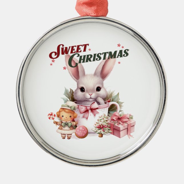 Sweet Christmas Pink Bunny Ornament Aus Metall (Vorne)