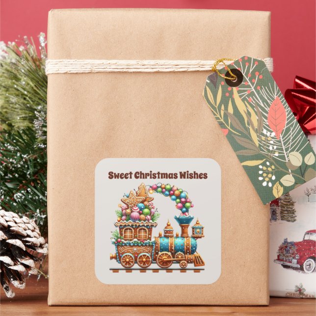 Sweet Christmas wünscht Lebkuchenzug Quadratischer Aufkleber (Feiertag)