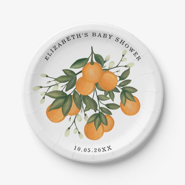 Sweet Citrus Greenery Sommer Orange Duschdekor Pappteller (Vorderseite)