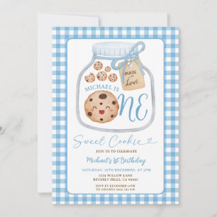 Sweet Cookie Boy First Birthday Blue Gingham Jar Einladung