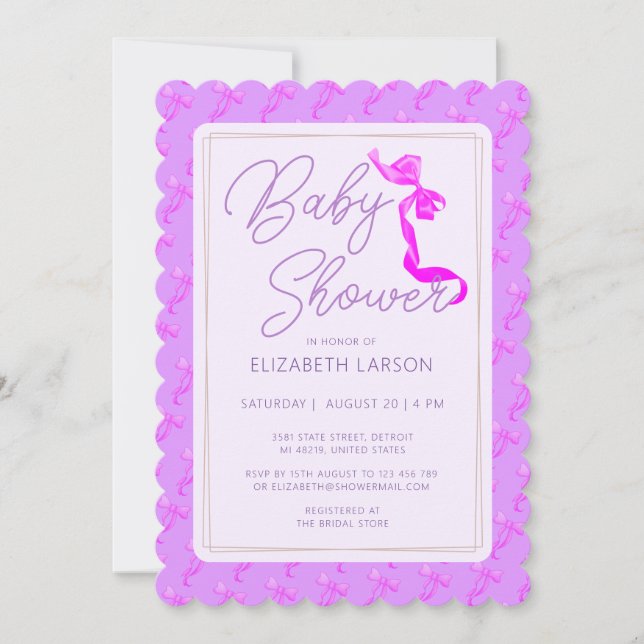 Sweet Coquette Lila Bow Krawatte Elegante Babydusc Einladung (Vorderseite)