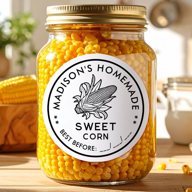 Sweet corn label with black and white cob icon runder aufkleber (Von Creator hochgeladen)