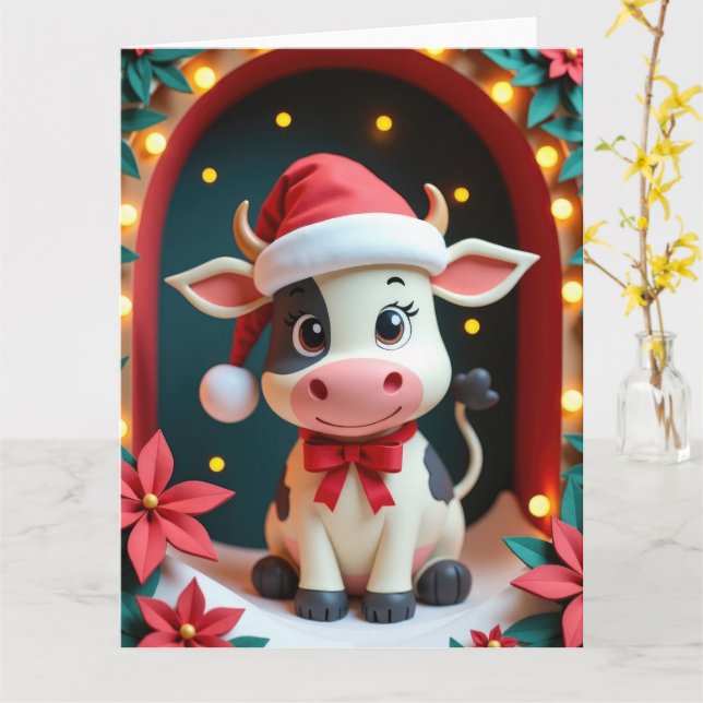 Sweet Cow mit Weihnachtsmannmütze in Snowy Stable  Karte (Gelbe Blume)
