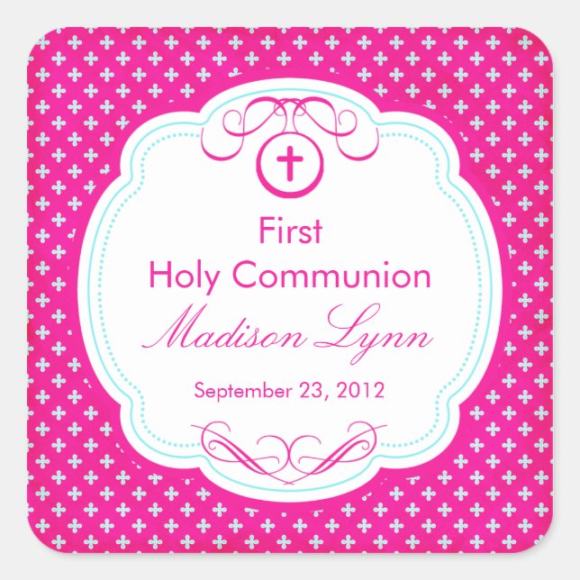 Sweet Cross in Frame First Heilige Kommunion Pink Quadratischer Aufkleber (Vorderseite)