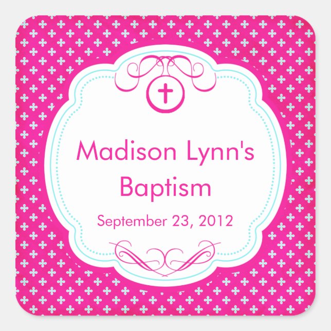 Sweet Cross in Frame Taufe Gefallen Siegel Pink Quadratischer Aufkleber (Vorderseite)