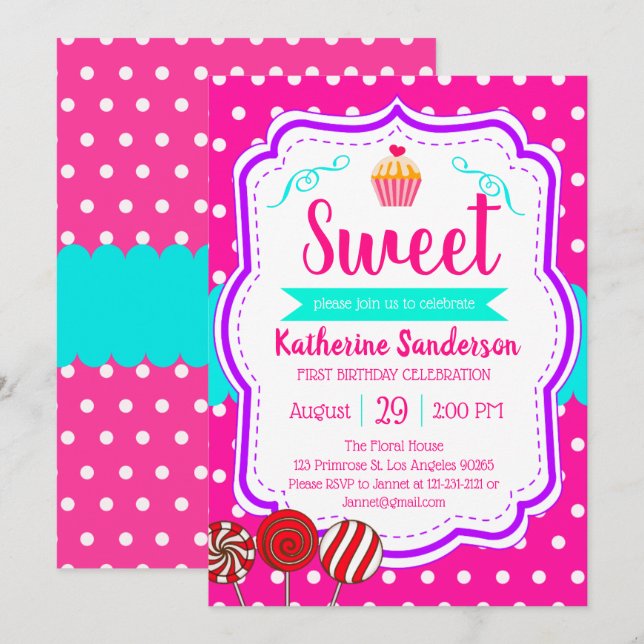 Sweet Cupcake Baby Sprinkle Candy Shoppe Geburtsta Einladung (Vorne/Hinten)