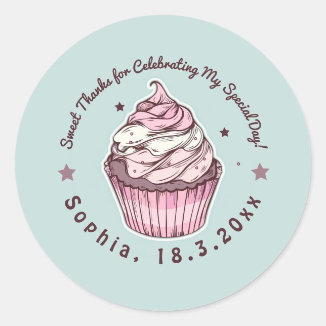 Sweet Cupcake Geburtstagsfeier Danke Runder Aufkleber (Vorderseite)