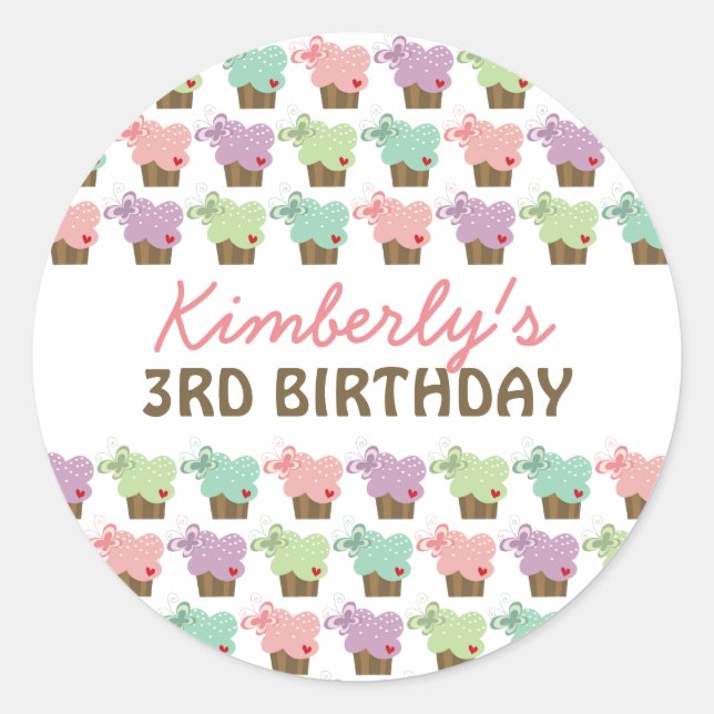 Sweet Cupcakes Schmetterlinge Whimsical Girl Gebur Runder Aufkleber (Vorderseite)